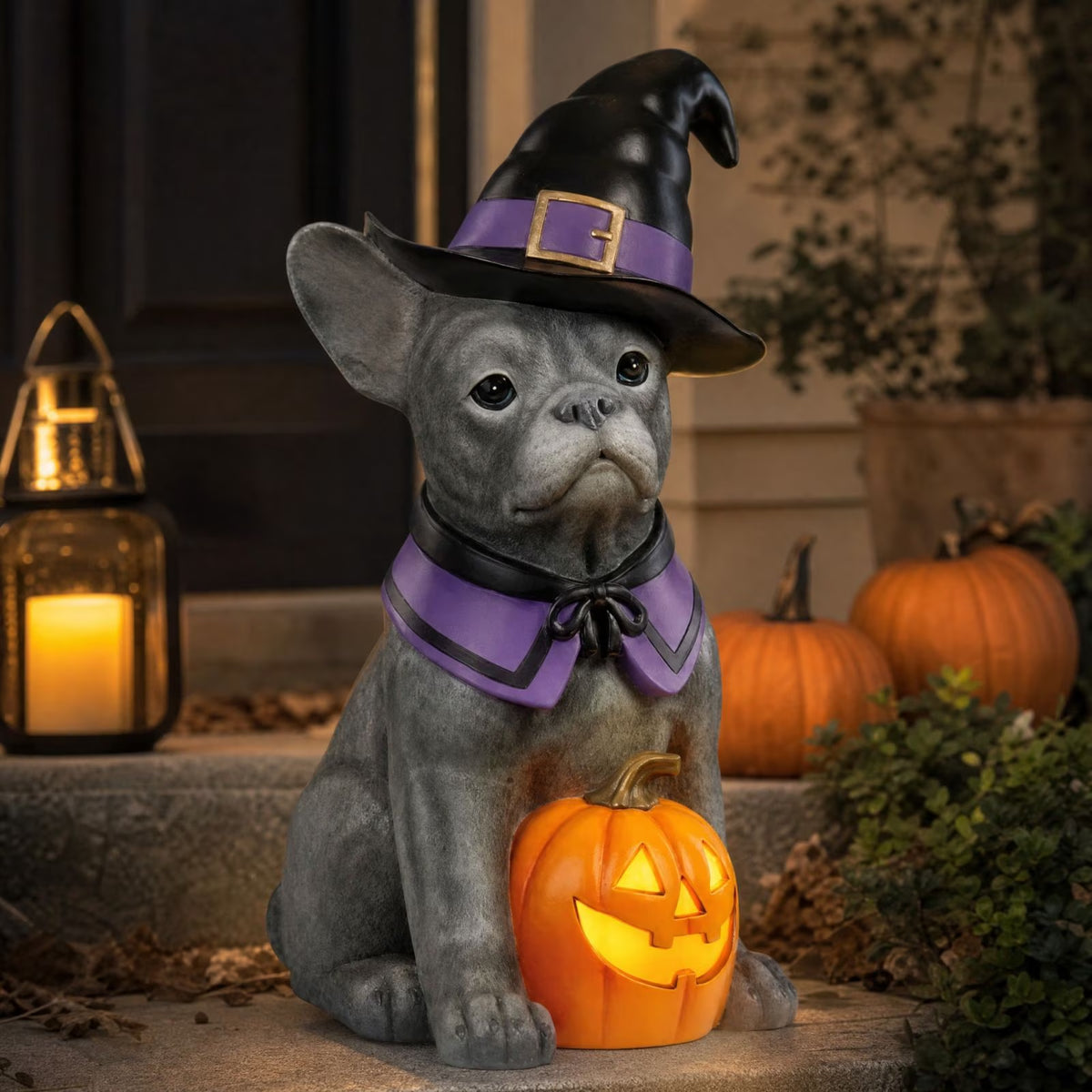 Witch Dog Halloween Decoration: Illuminated French Bulldog Pumpkin Statue for Outdoor and Garden Use, Ideal Halloween Gift