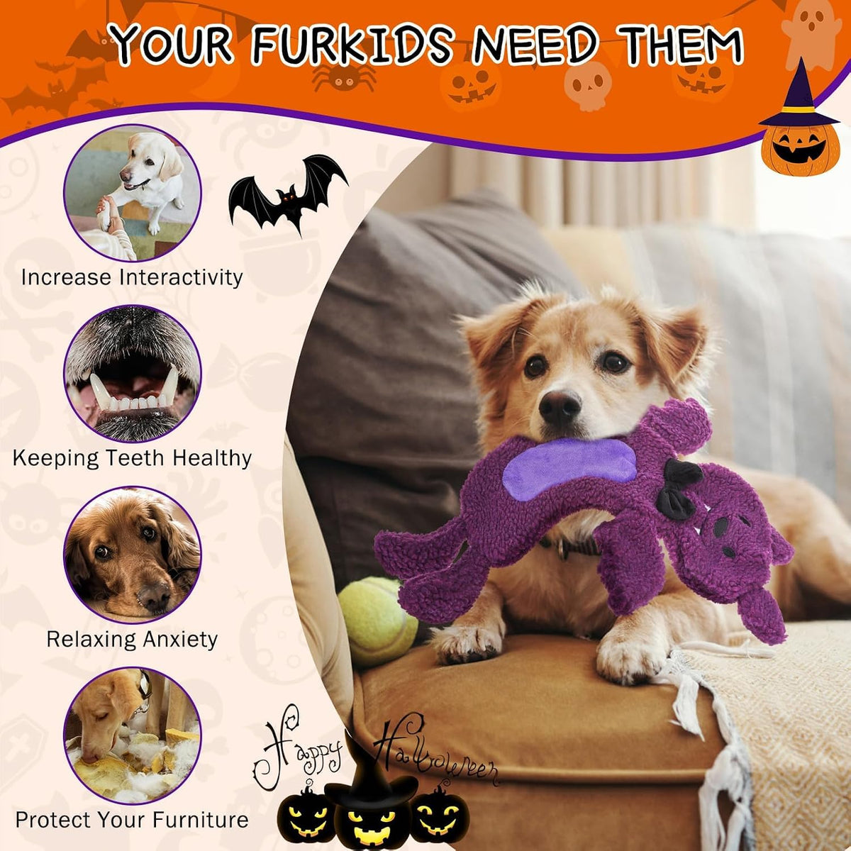 Stuffless Halloween Dog Squeaky Toys for Small Medium Dogs, Crinkle Puppy Chew Toy, 3 Pack Cute Animals Shape Soft Pet Plush Teething Toys(Skeleton & Pumpkin & Bat)