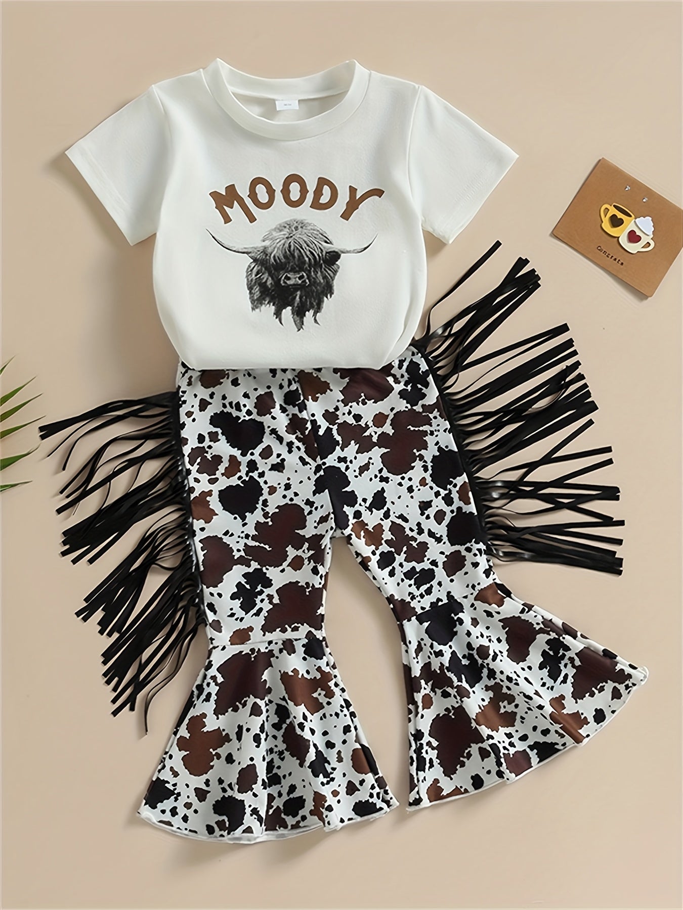 2pcs Toddler Girls Bull Head Graphic T-Shirt & Tassel Cow Graphic Flare Leg Pants Set for Summer Outdoor