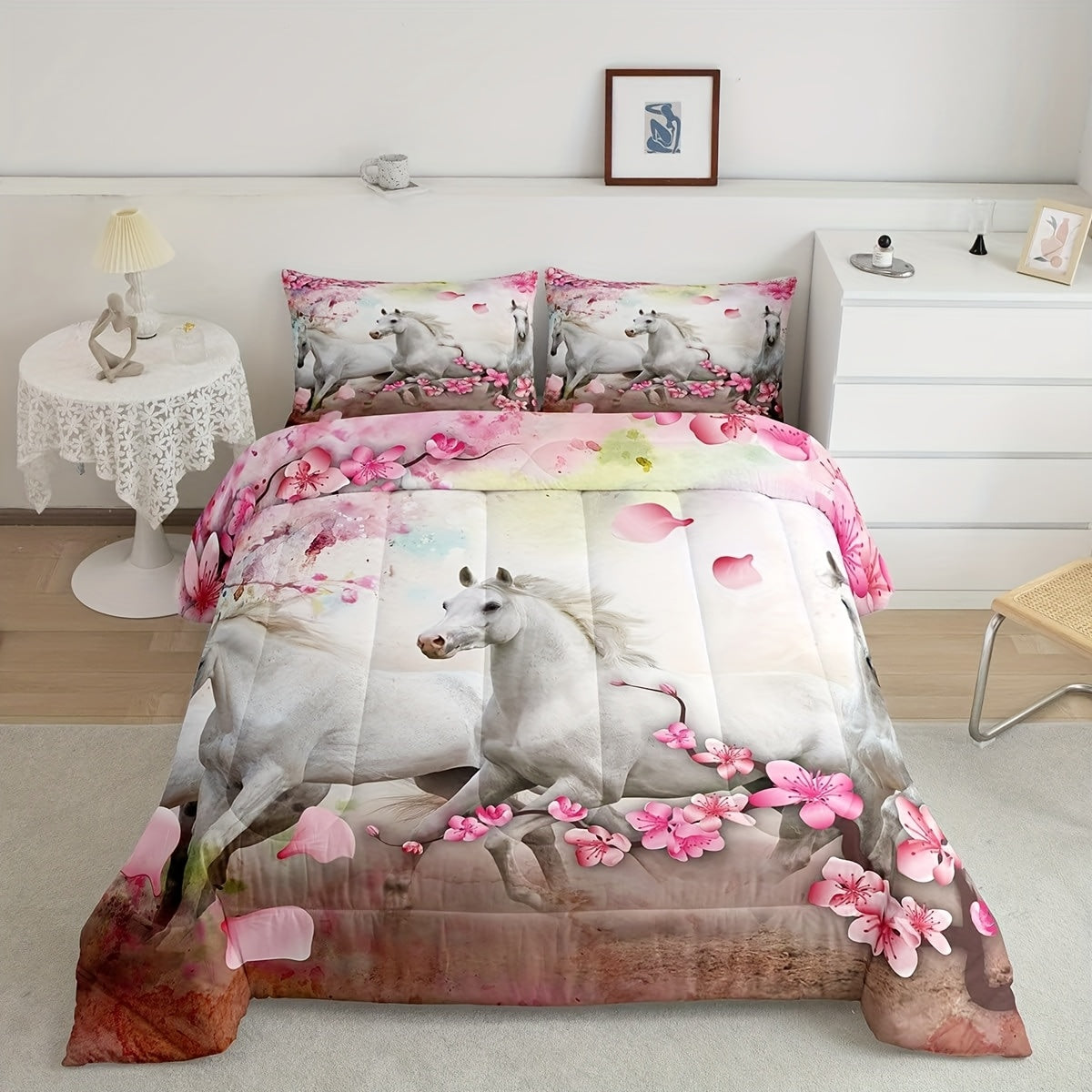 [3D Printed Horse Comforter] Fashion 3D Printed Wildlife Horse Bedding Set with Pillowcase, Soft and Comfortable Breathable Comforter Set Suitable for Guest Room Decor, Perfect Gift for Valentine's Day Housewarming