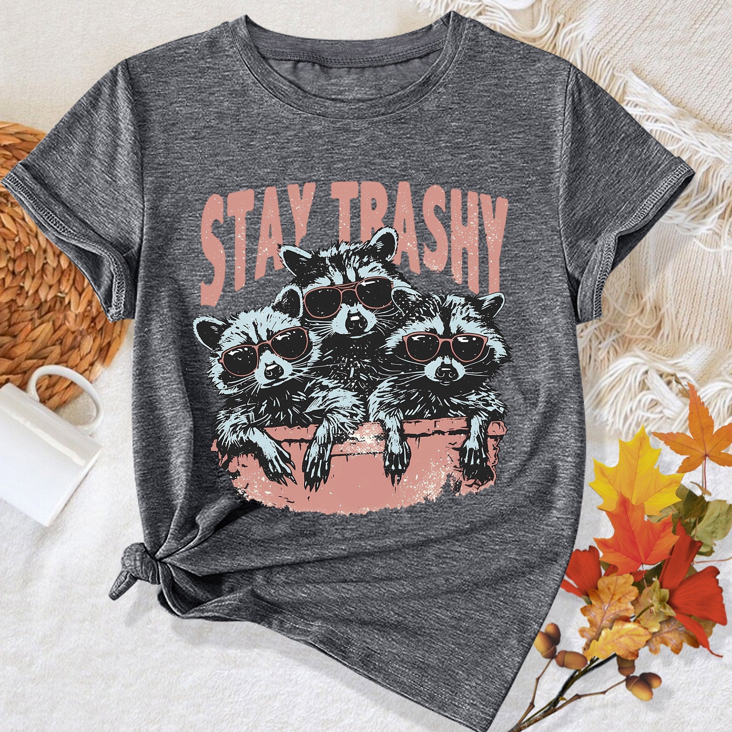 Whimsical Animal Series - Three Little Raccoon Graphic Print Round Neck Short Sleeve Sports T-Shirt - Casual Fashionable, Trendy, Elegant, Retro-Inspired Top for Adult Women