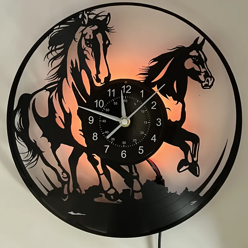 [Unique Vinyl LED Clock] Unique Luminous Vinyl LED Wall Clock | Handmade Running Horse Design Home Wall Art Decor for Living Room, Bedroom, Office, Garage, Kitchen | Original Gift for Birthday, Mothers Day, Spring Season, Gra