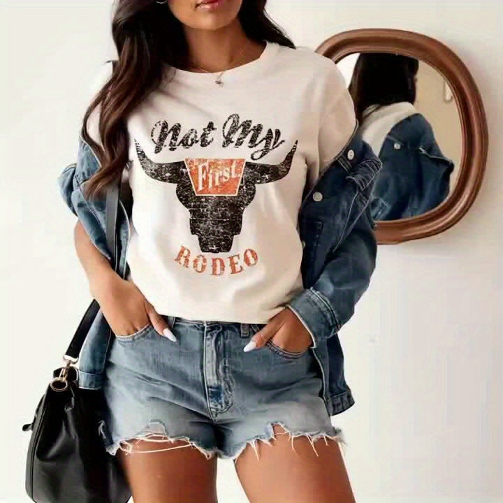 Rodeo Cow Head Print T-shirt, Casual Crew Neck Short Sleeve T-shirt, Women's Clothing