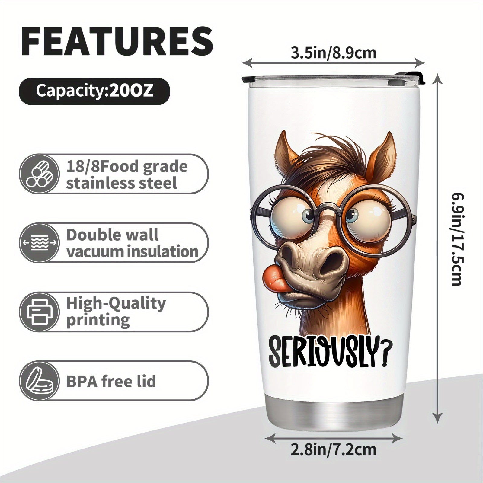 Double Wall Vacuum Insulated 20oz Stainless Steel Horse Tumbler - BPA-Free, Leakproof Coffee Travel Mug with Lid - Ideal Equestrian Gift for Women and Sisters on Christmas or Birthday, Horse Decor