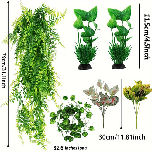 12pcs Fake Reptile Plants, Terrarium Hanging Artificial Leaves, Leopard Gecko Tank Accessories, Terrarium Decorations For Bearded Dragon Lizard Snake Geckos Chameleon