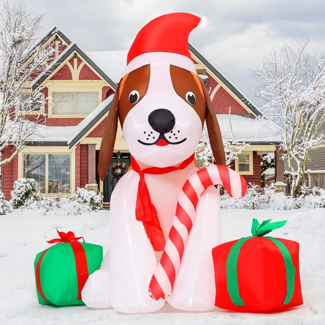 5 FT Inflatable Christmas Beagle Dog Outdoor Decoration with Gift Box and Built-in LEDs for Holiday Party and Garden Lawn Decor