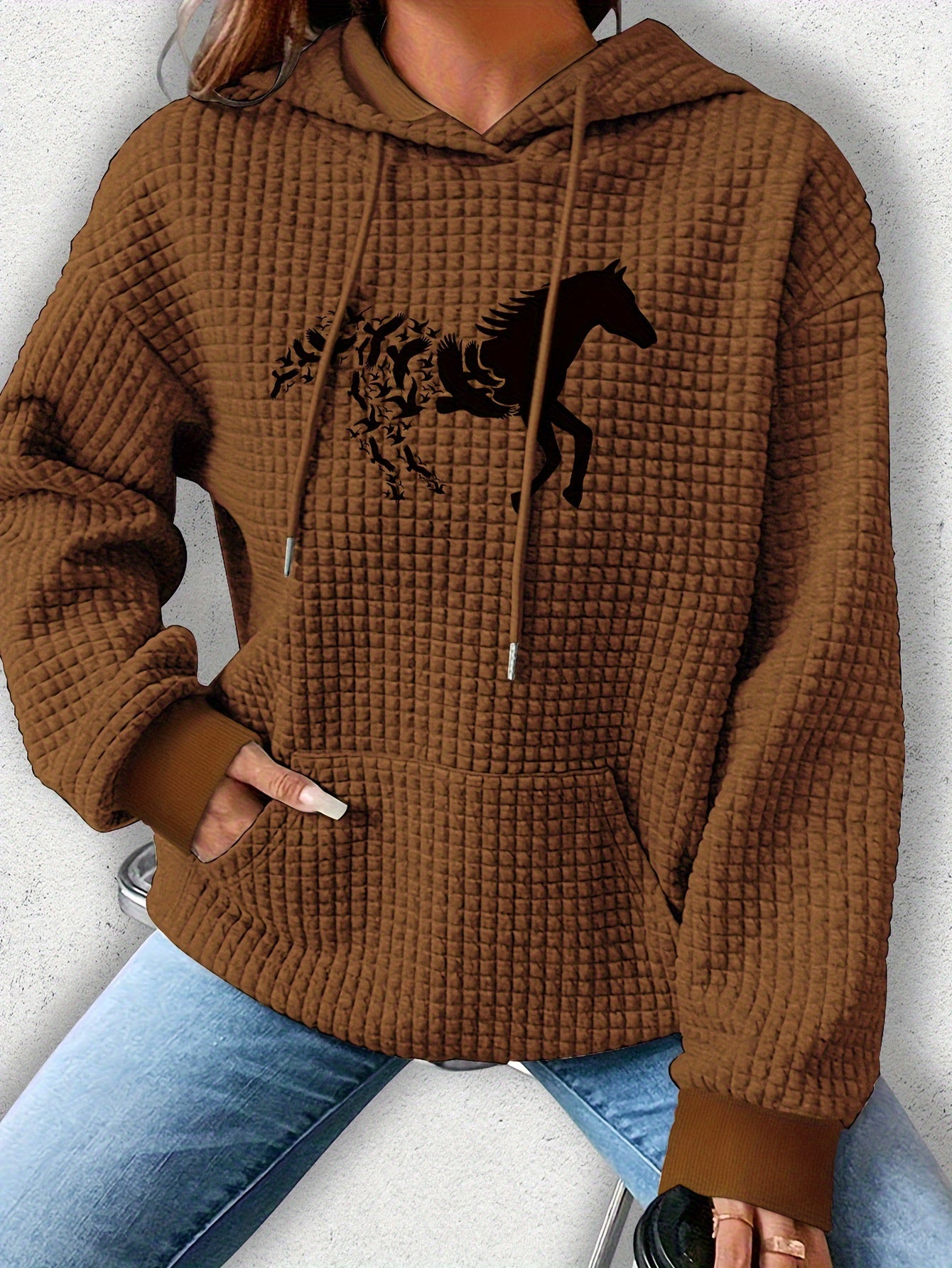 Vibrant Horse Print Waffle Hoodie - Soft, Cozy, and Casual Drawstring Kangaroo Pocket Sweatshirt for Women - Perfect for Fall and Spring Seasons