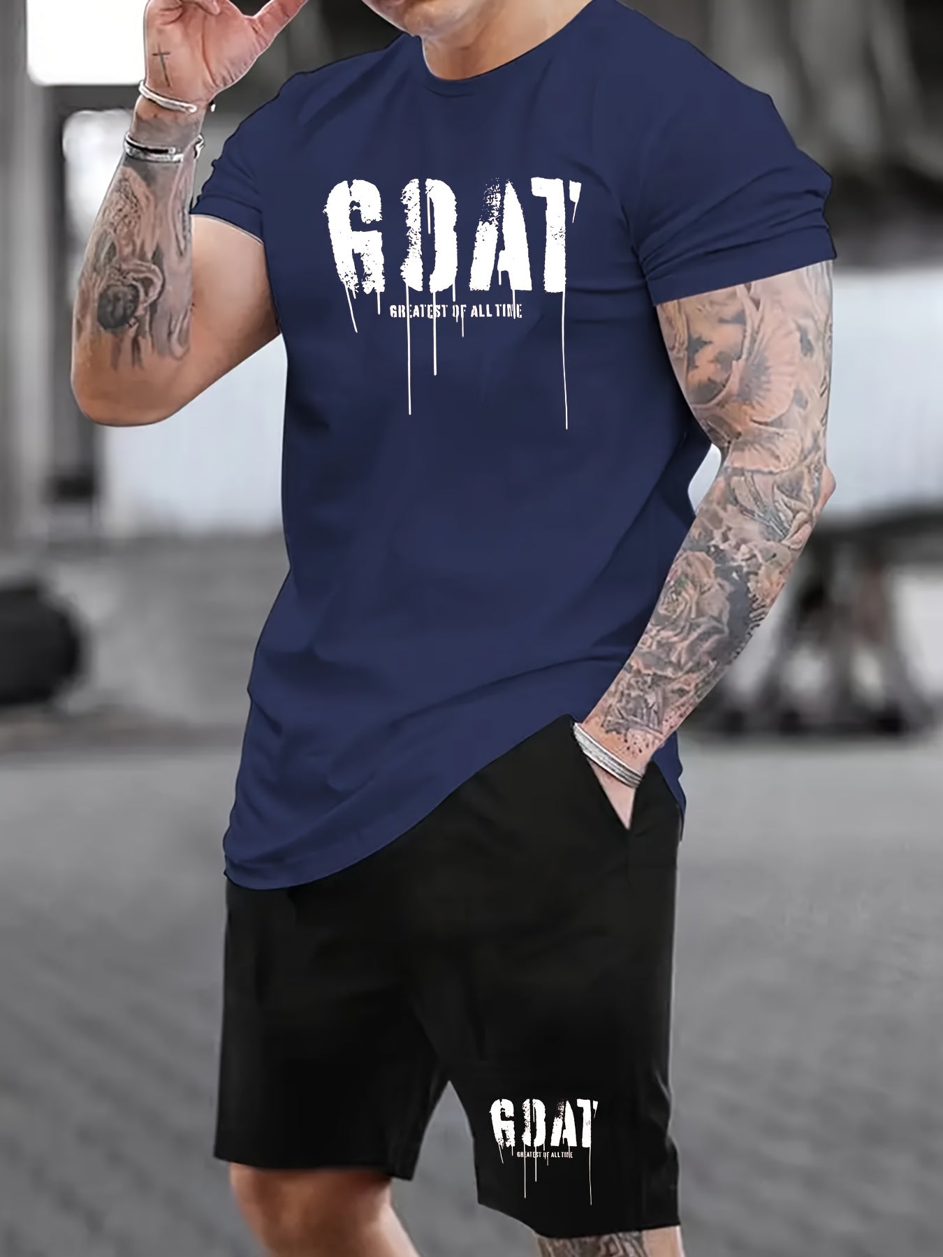 Mens Stylish Goat Print 2pcs Set - Casual Sportswear Outfit with Drawstring Shorts & Short Sleeve Top - Perfect for Spring Summer, Holidays, Leisure, Vacation, and Outdoor Fitness