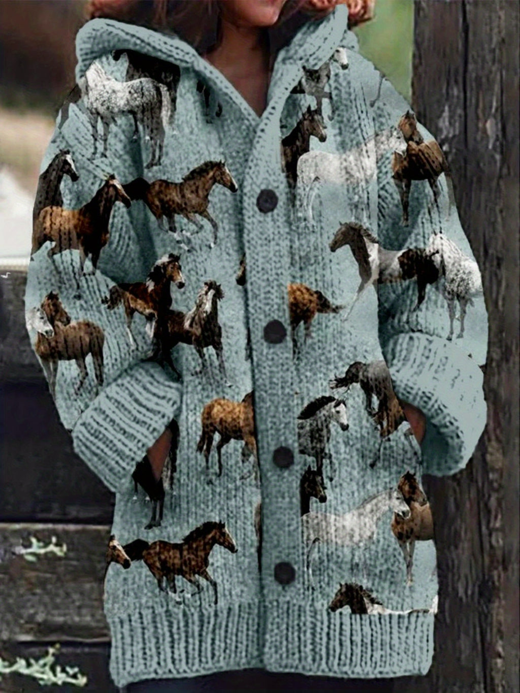 Women'S Winter Warm Hooded Sweater with Horse Digital Art Print - Soft Long Sleeve Pullover, V-Neck Button Front Closure, Cozy Casual Sweater for Fall & Winter, Horse Pattern Sweater for Everyday & Semi-Formal Outfits, Women'