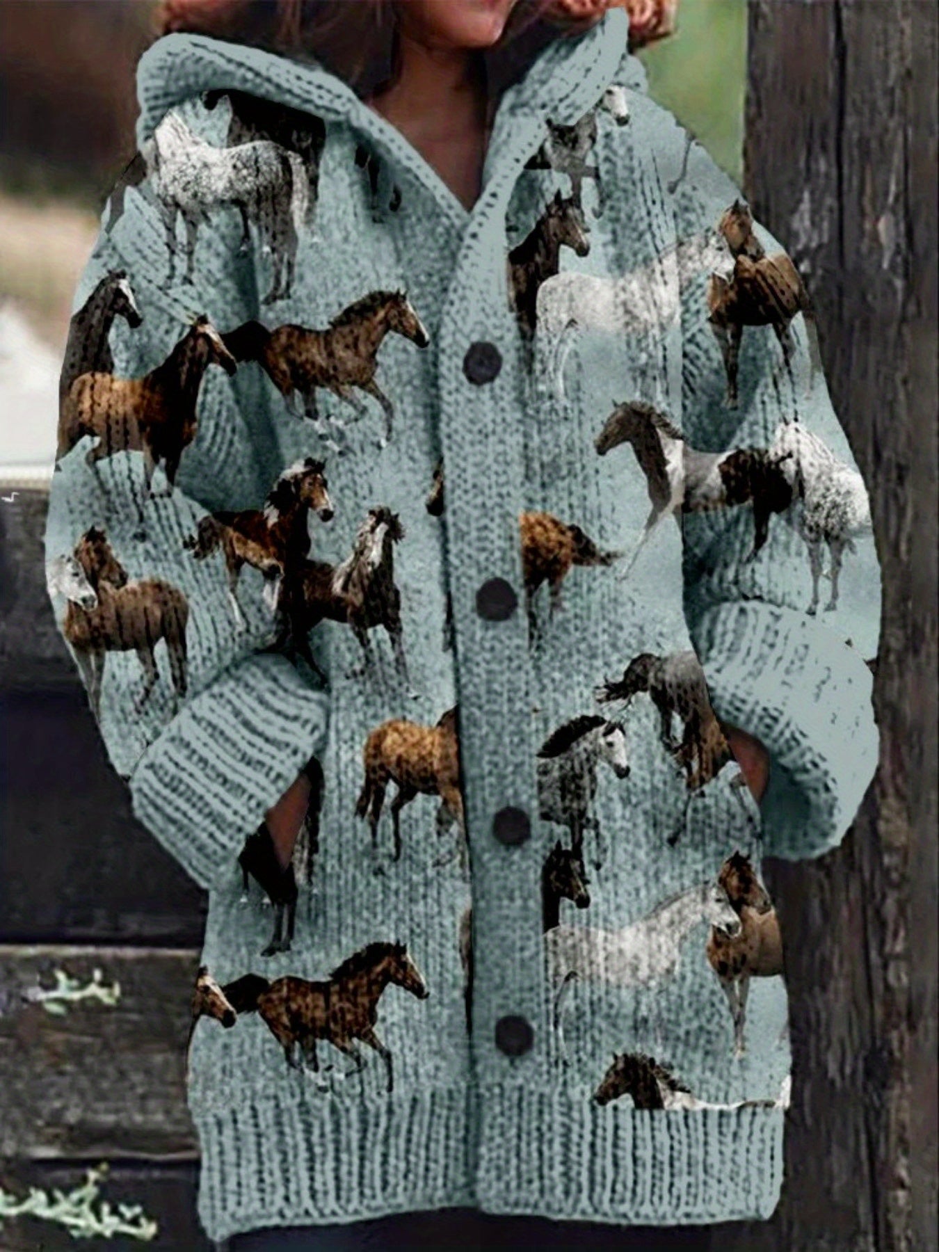 Women'S Winter Warm Hooded Sweater with Horse Digital Art Print - Soft Long Sleeve Pullover, V-Neck Button Front Closure, Cozy Casual Sweater for Fall & Winter, Horse Pattern Sweater for Everyday & Semi-Formal Outfits, Women'