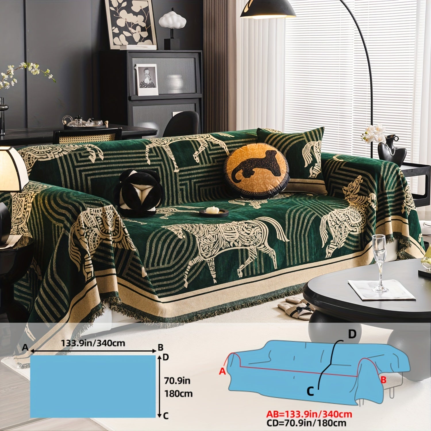 Luxurious Chenille Sofa Cover with Horse Design - Dual-Tone, Pet-Friendly & Machine Washable for Armchairs to L-Shaped Couches - Modern Home Decor Gift