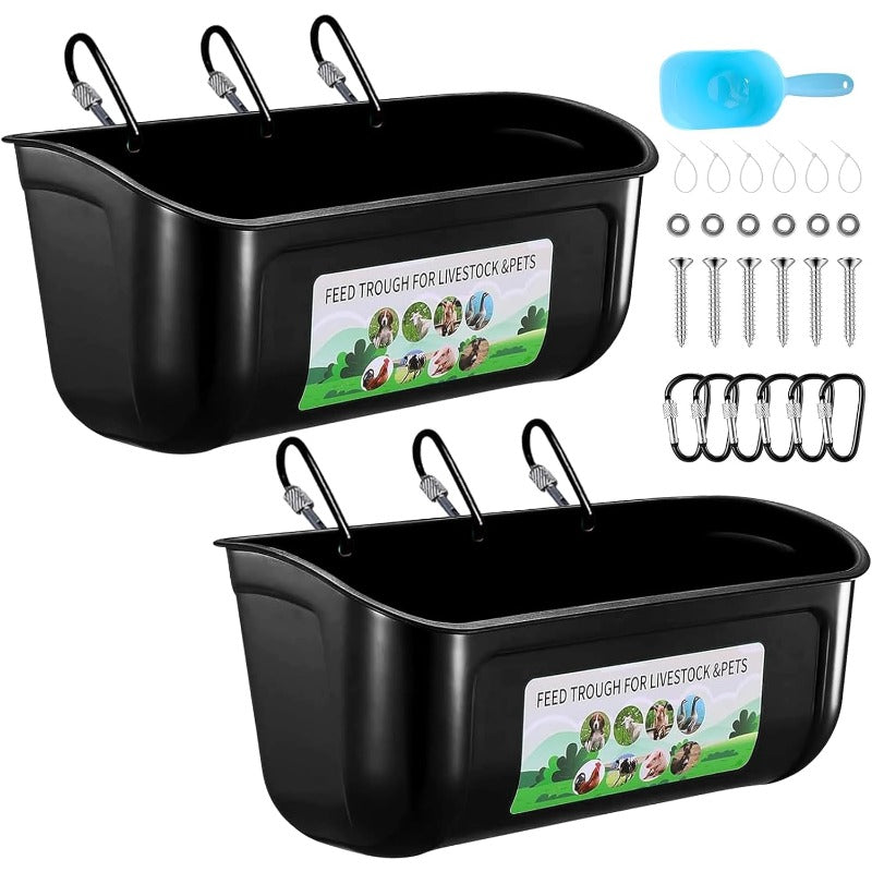 Set Of 1/2 Goat Feeders, Duck And Chicken Feeders And Drinkers, Hanging Fence Trough with Clips, Suitable for Goats, Sheep, Piglets, Geese, Turkeys, Dogs, And Poultry, Comes with A Feed Spoon, Black