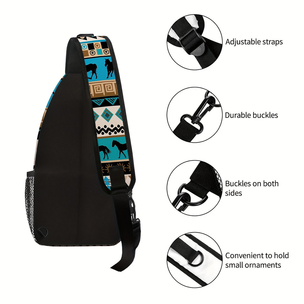 Totem Style Horse Pattern Print Casual Sling Bag, Men's And Women's Crossbody Bag For Travel & Daily Commute