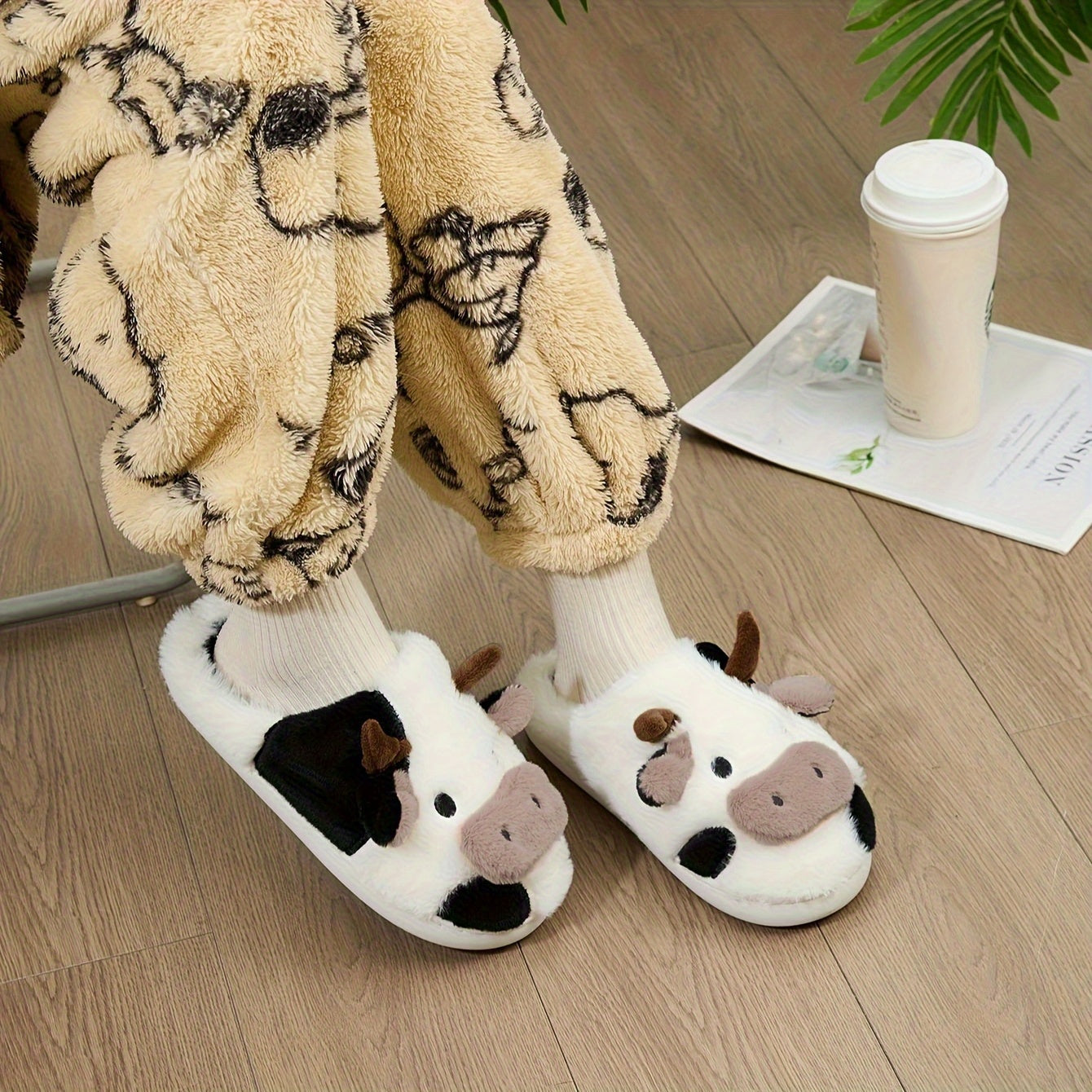 Cozy Home Cute Cartoon Cow Plush Half- Slippers, Couple Matching Style, Thickened and Warm, Women Shoes