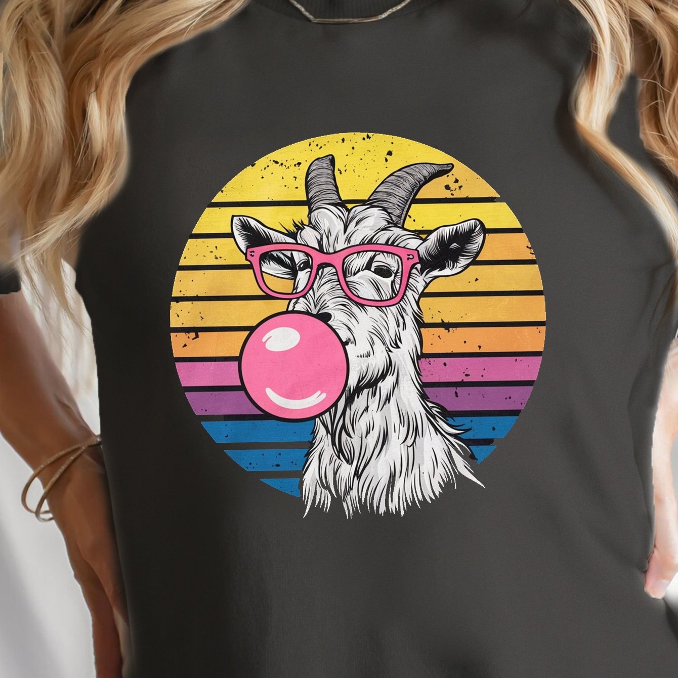 Goat Wearing Pink Glasses Print T-shirt, Short Sleeve Crew Neck Leisure T-shirt For Spring & Summer, Women's Clothing