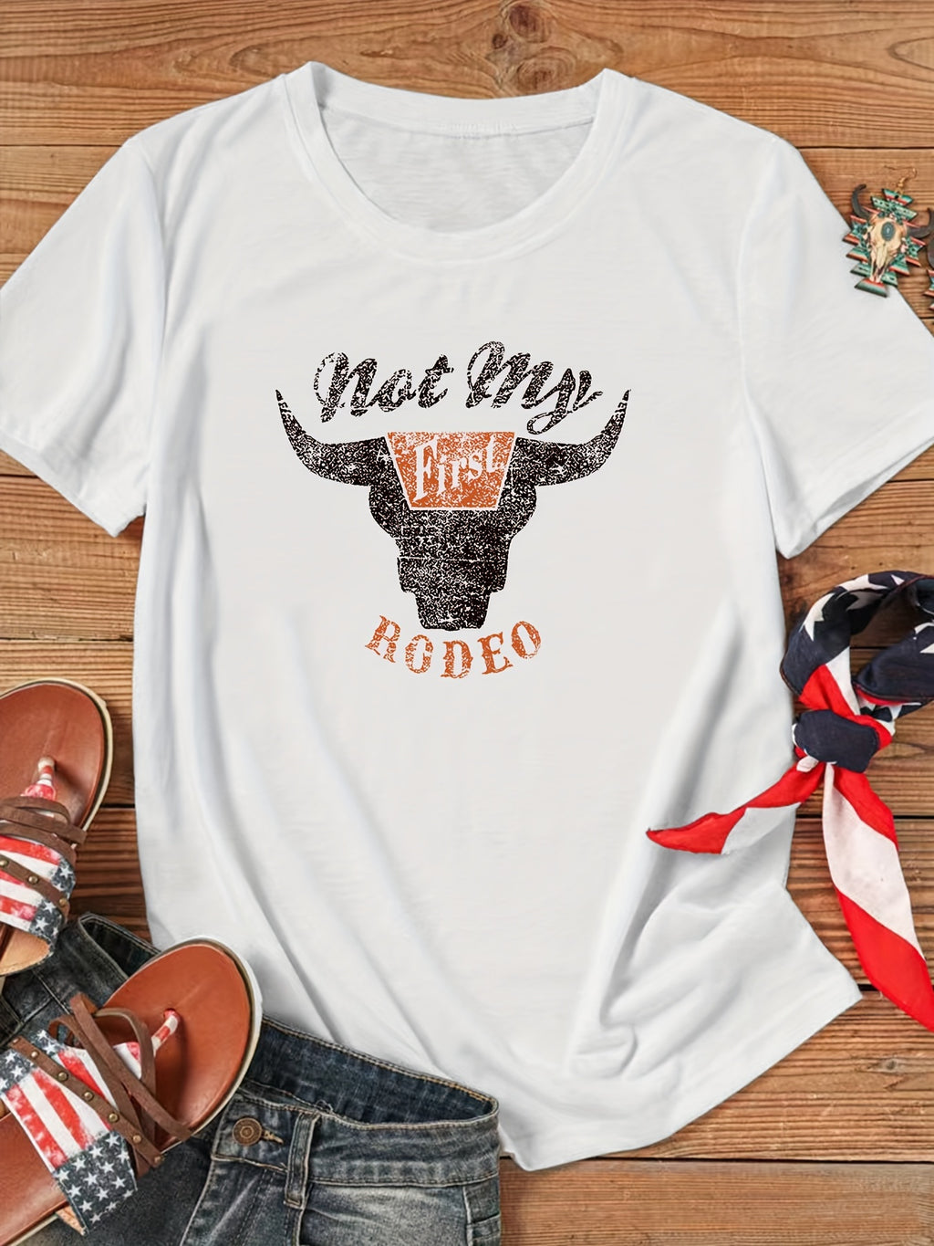 Rodeo Cow Head Print T-shirt, Casual Crew Neck Short Sleeve T-shirt, Women's Clothing