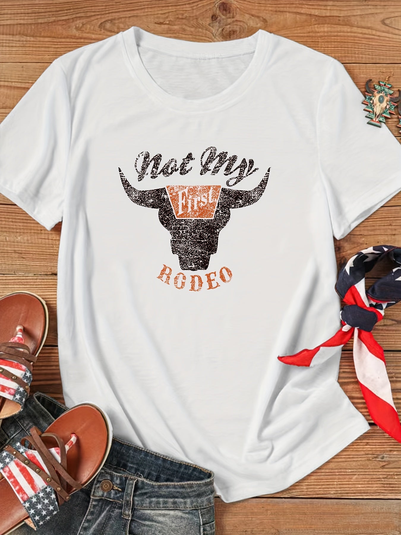 Rodeo Cow Head Print T-shirt, Casual Crew Neck Short Sleeve T-shirt, Women's Clothing