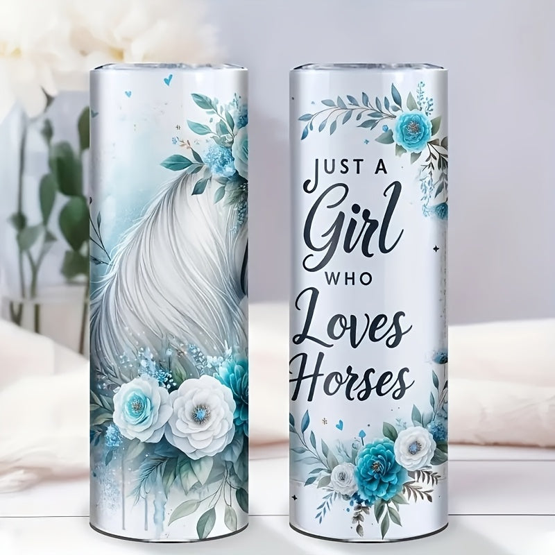 1pc Stainless Steel Insulated Tumbler Cup with White Horse & Roses Design, Reusable Oval Travel Mug, Non-Slip, BPA-Free, Ideal for Outdoor Camping & BBQ, Perfect Gift for Adults, Animal Print, Hand Wash Only, Suitable for Chr