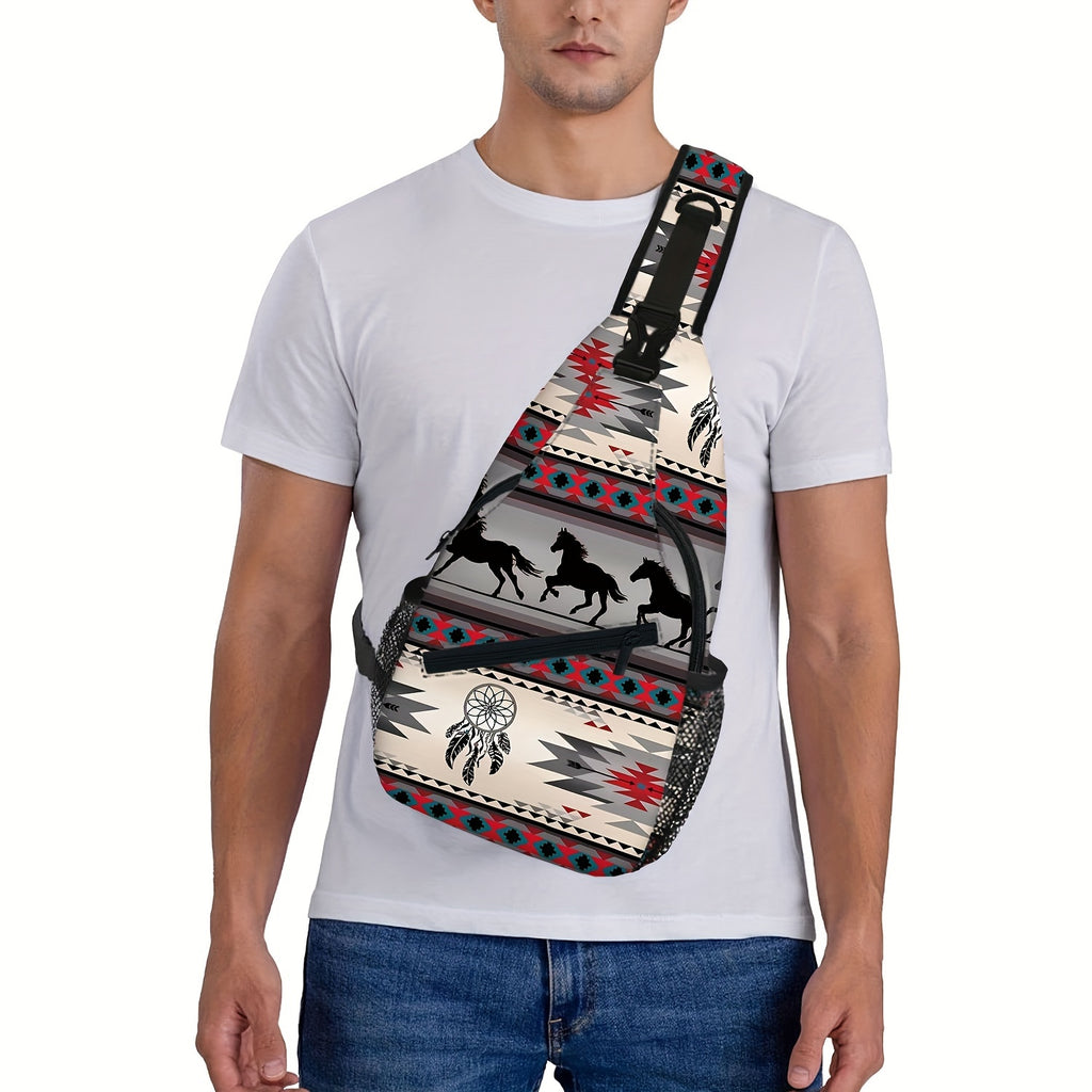 Totem Style Horse Pattern Print Casual Sling Bag, Men's And Women's Crossbody Bag For Travel & Daily Commute