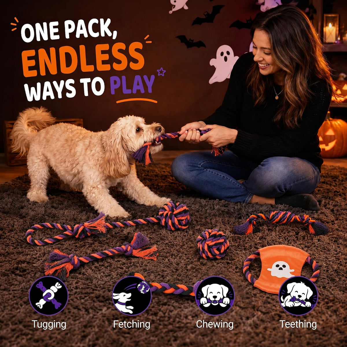 Halloween Dog Toys 8-Pack for Small Dogs — 8 Dog Rope Toys + Frisbee | Halloween Dog Toys Pack | Benefits Dog Rescue