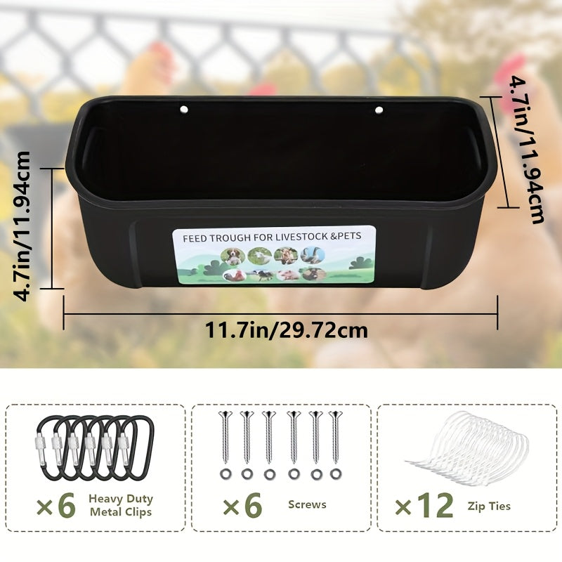 Set Of 1/2 Goat Feeders, Duck And Chicken Feeders And Drinkers, Hanging Fence Trough with Clips, Suitable for Goats, Sheep, Piglets, Geese, Turkeys, Dogs, And Poultry, Comes with A Feed Spoon, Black