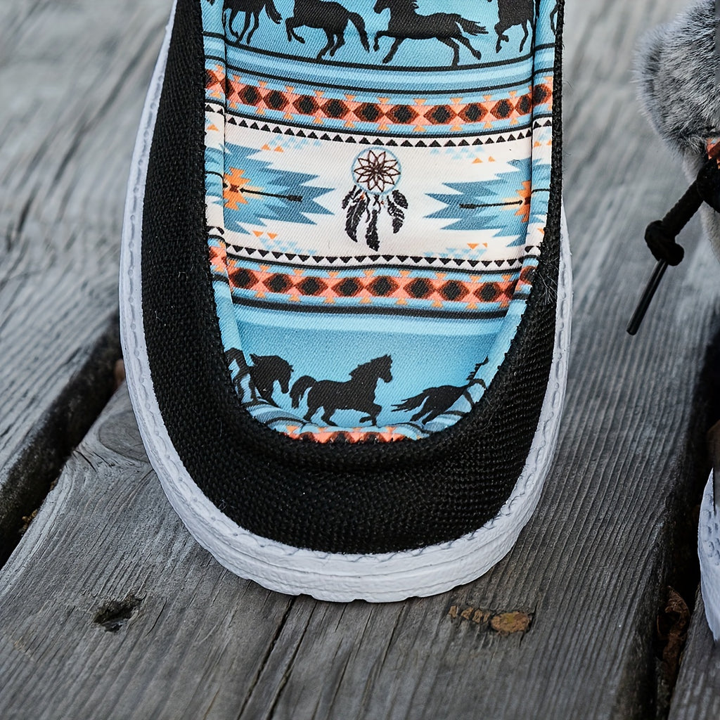 Velvet Horse Pattern Canvas Shoes - Women's Casual Round Head Elastic Strap Flat Sports Shoes with Breathable, Non-Slip, and Easy Wear Features - Perfect for Light Work and Daily Wear