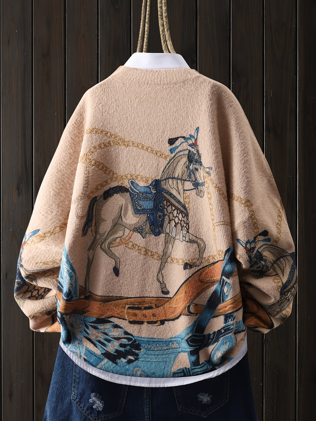 Vintage Animal Horse Patchwork Ribbon Pattern Pullover, Casual Round Neck Long Sleeve Top, Women'S Clothing.