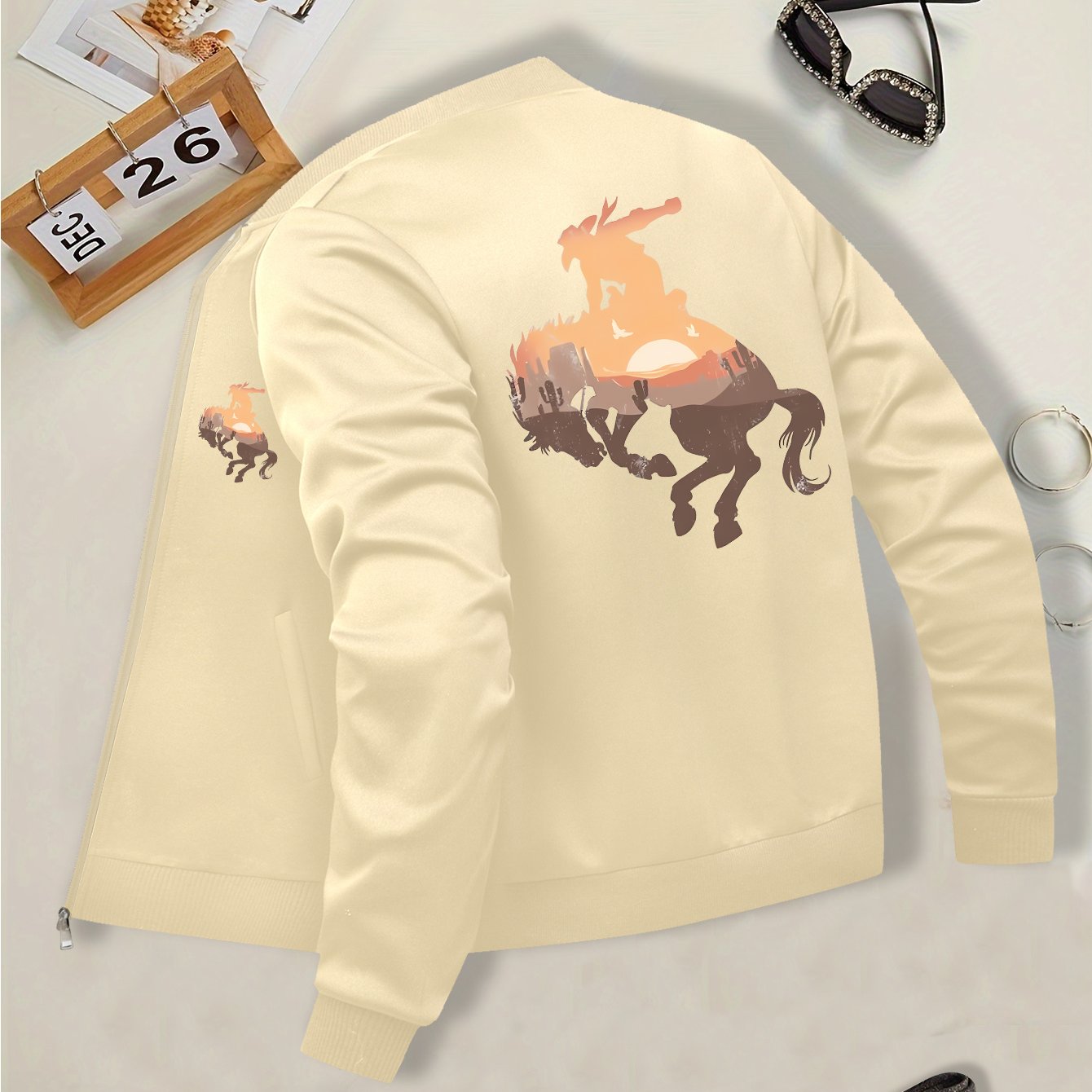Women's Western Cowboy Print Casual Jacket - Black Zip-Up Long Sleeve with Stand Collar, Horse Graphic Design, Perfect for Fall and Winter Outfits, Casual Wear Jacket | Graphic Print Jacket | Polyester Fabric