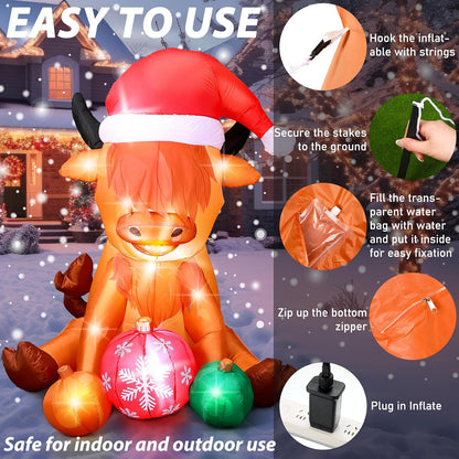 4.9 ft Inflatable Christmas Cow with Santa Hat