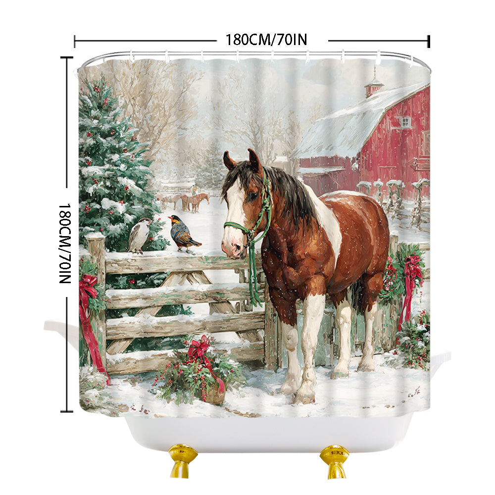 1pc Extra Long Christmas Horse and Barn Shower Curtain - Winter Farmhouse Bathroom Decor with Brown Horse, Red Barn & Snowy Landscape - Rustic Country Bathroom Window Treatment - Machine Washable Polyester Fabric Bath Curtain