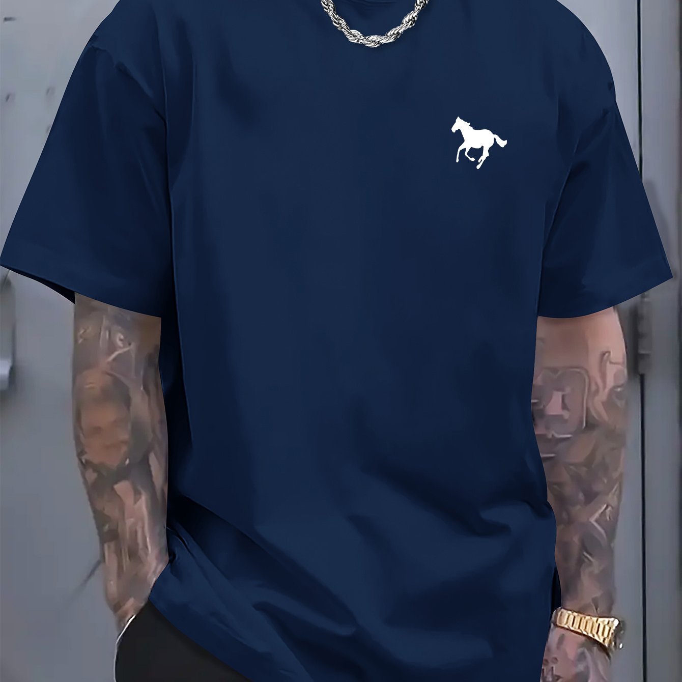 Classic Cotton Crew Neck T-Shirt - Soft, Breathable, Minimalist Horse Print, Comfortable Casual Wear for Everyday Activities