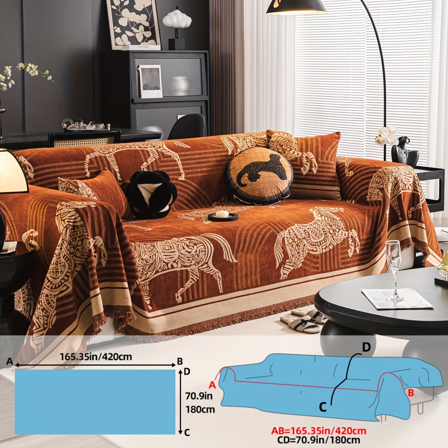 Luxurious Chenille Sofa Cover with Horse Design - Dual-Tone, Pet-Friendly & Machine Washable for Armchairs to L-Shaped Couches - Modern Home Decor Gift