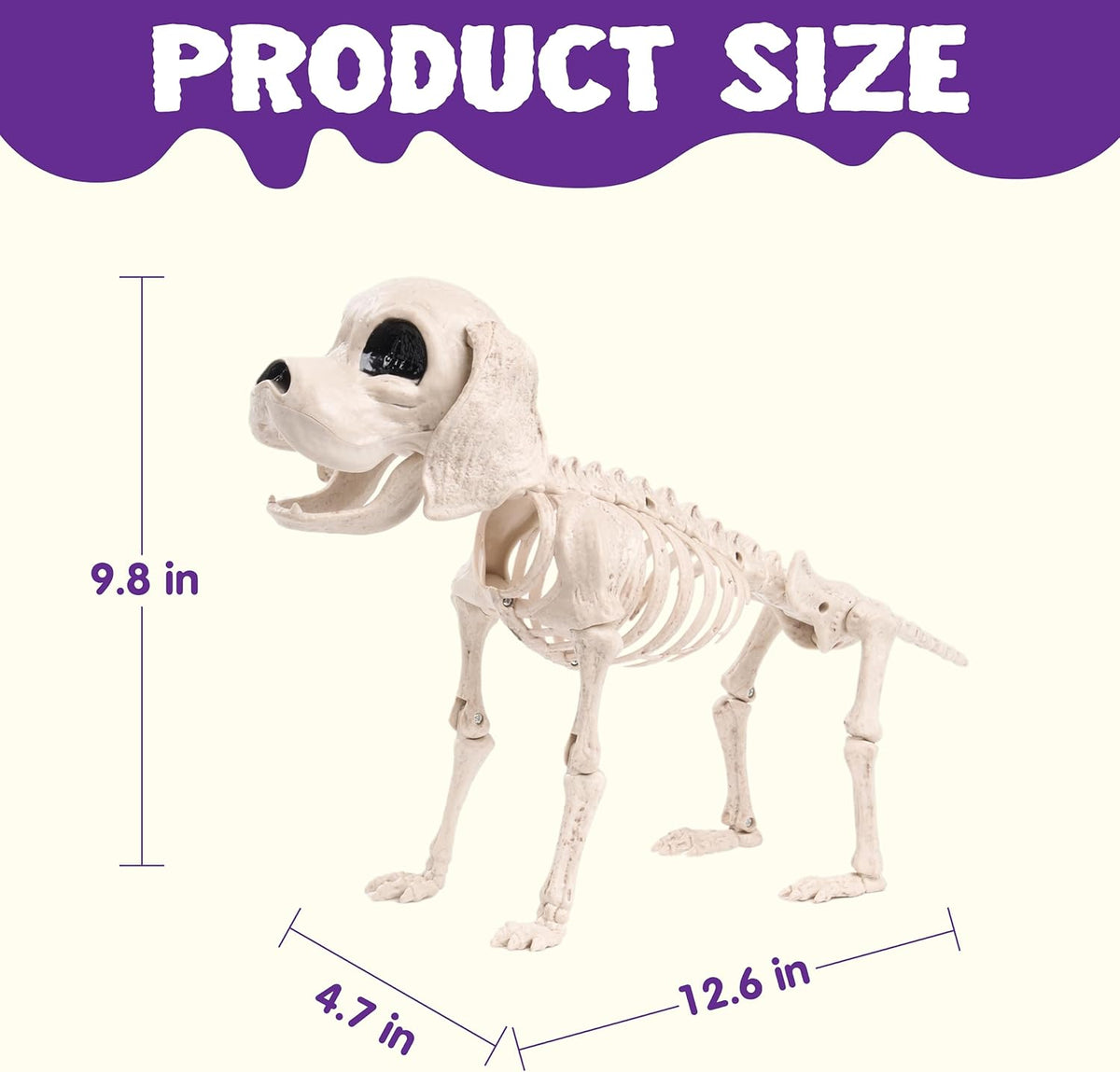 Posable Halloween Dog Skeleton Full Body Posable Joints Realistic Skeleton Puppy with Movable Joints for Halloween Decoration, Graveyard Party Decor (9.8” X 4.7” X 12.6”)