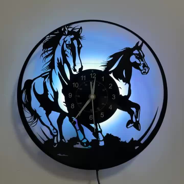 [Unique Vinyl LED Clock] Unique Luminous Vinyl LED Wall Clock | Handmade Running Horse Design Home Wall Art Decor for Living Room, Bedroom, Office, Garage, Kitchen | Original Gift for Birthday, Mothers Day, Spring Season, Gra