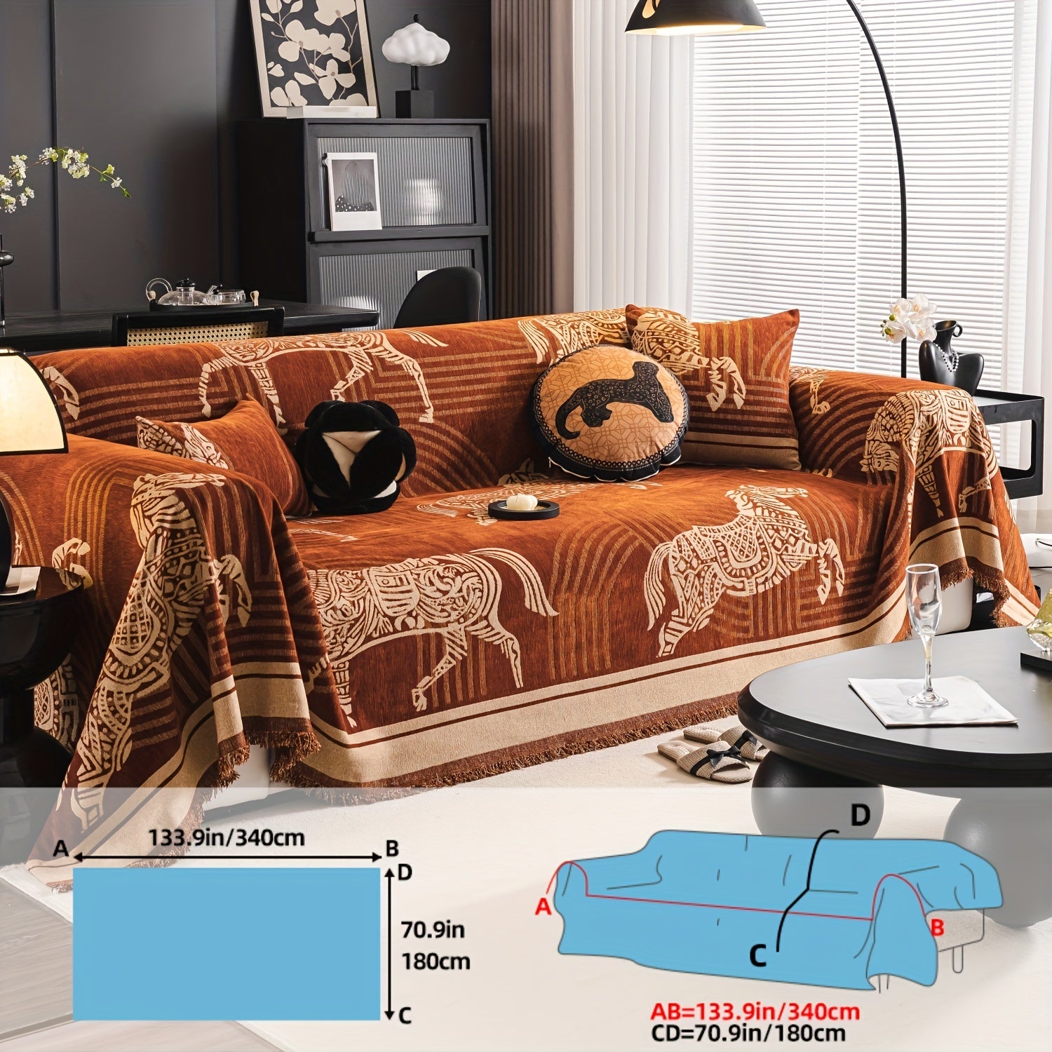 Luxurious Chenille Sofa Cover with Horse Design - Dual-Tone, Pet-Friendly & Machine Washable for Armchairs to L-Shaped Couches - Modern Home Decor Gift
