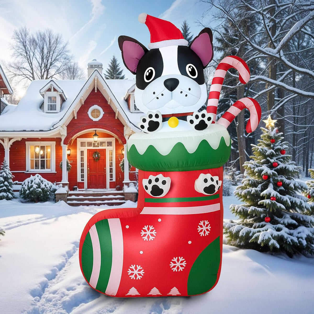 6FT Inflatable Christmas Dog in Stocking with LED Lights and Candy Cane - Outdoor Holiday Yard Decoration for Parties and Gardens