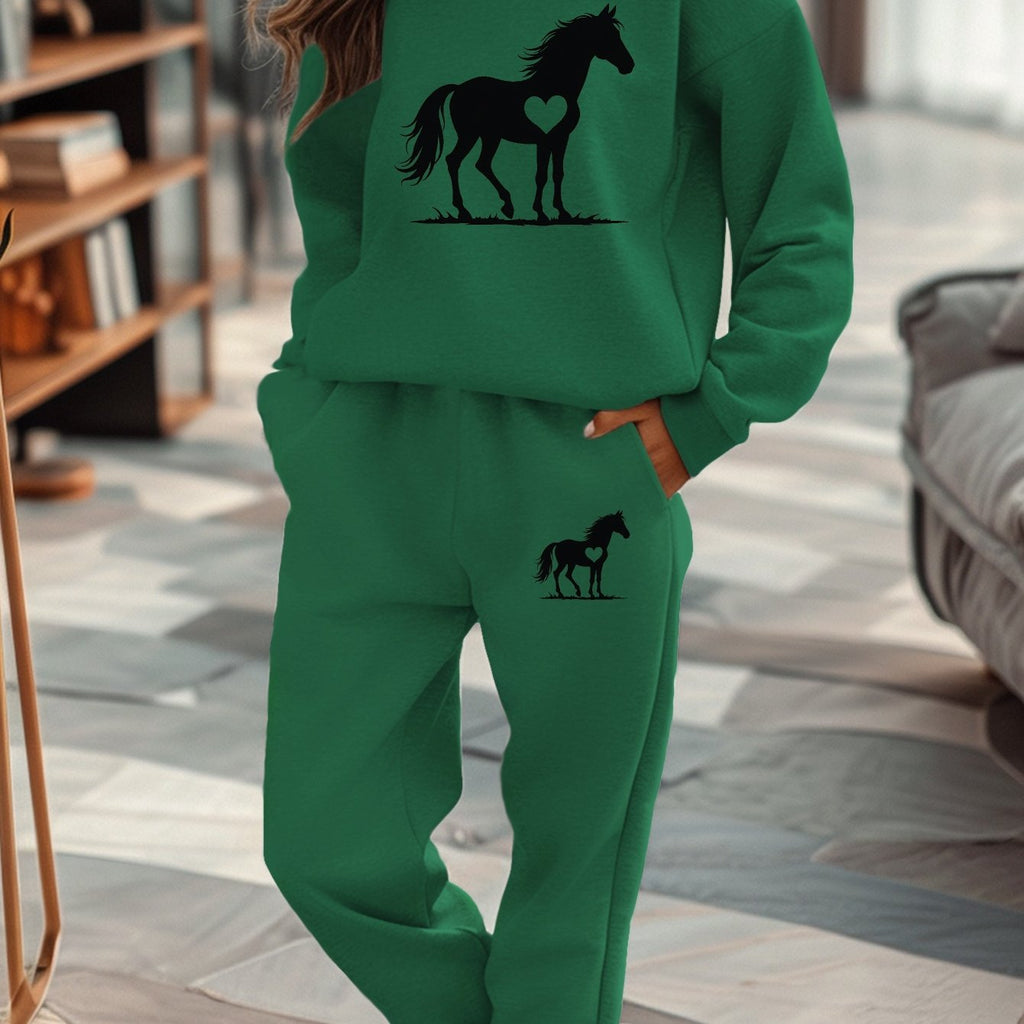 Women'S Casual Fall/Winter Horse Silhouette Sweatshirt and Sweatpants Set - Gray with Black Horse Design, Cozy Sweatpants for Relaxation, Comfortable Clothing | Stylish Horse Print | Cozy Sweatpants