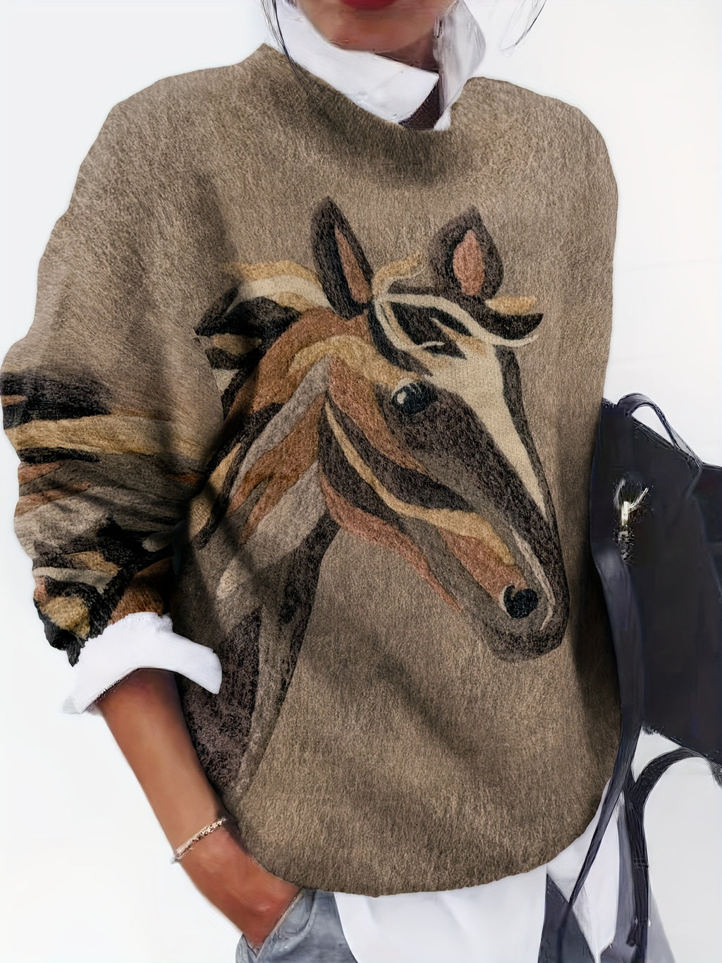 [All-Over Print] [Thick] [Sweater] All-Over Print Horse Pattern Thick, Casual Crew Neck Long Sleeve Sweater, Women's Clothing