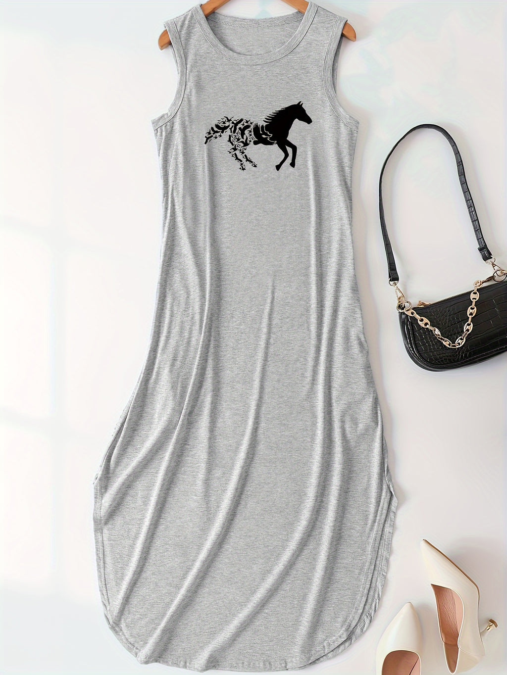 Horse Print Tank Dress, Casual Crew Neck Sleeveless Dress For Summer, Women's Clothing