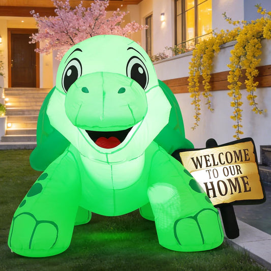 5 FT Inflatable Tortoise Outdoor Decoration with Welcome Sign and Built-in LEDs for Garden and Lawn Parties