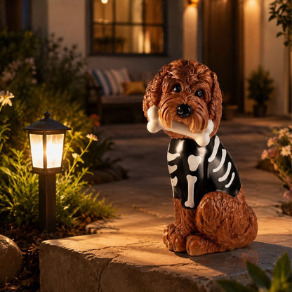Halloween Illuminated Dog Figurine - 7.9in Scarecrow Dog Statue with Glowing Pumpkin, Waterproof Resin Table and Yard Decor