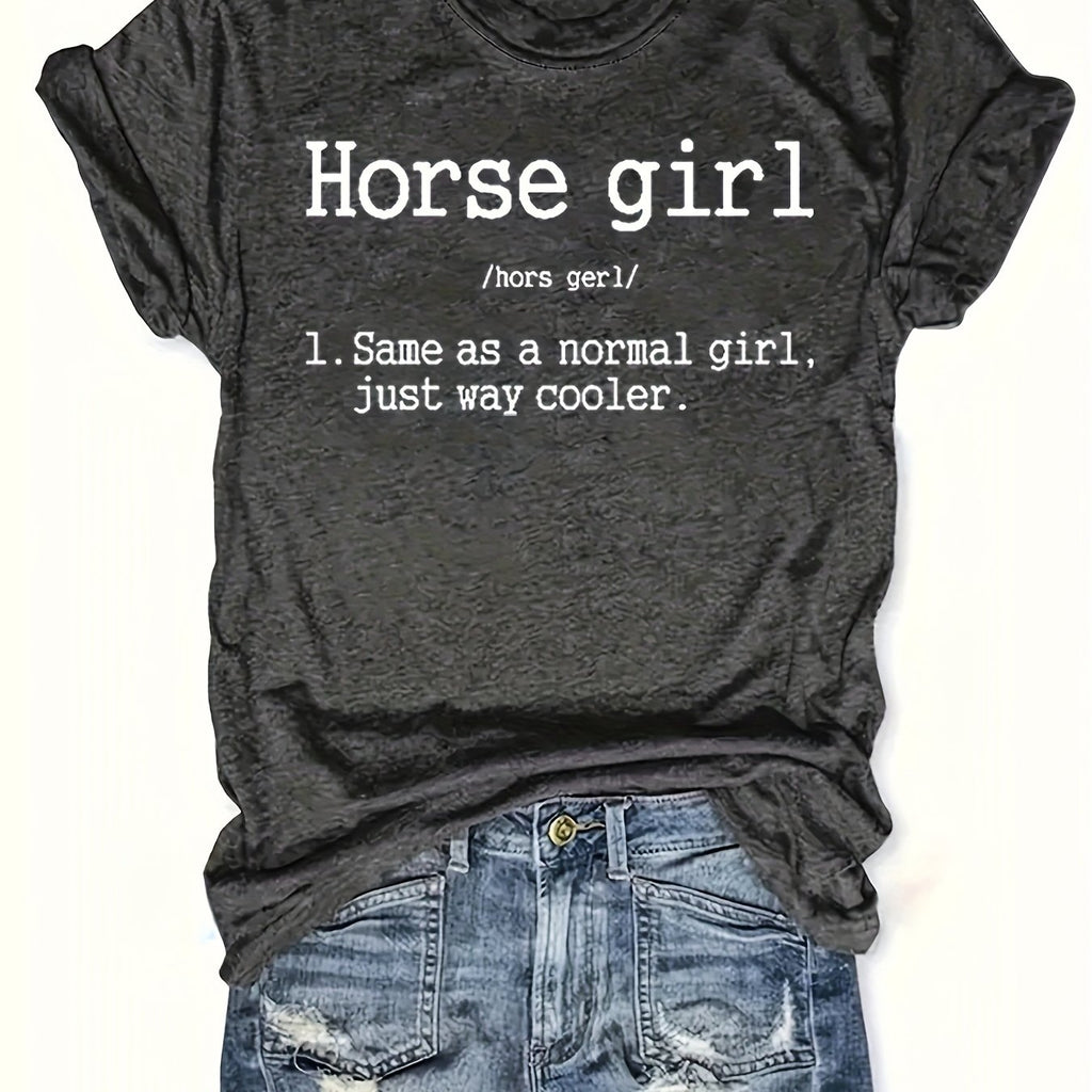 Vibrant Horse Girl Letter Print T-Shirt - Soft Short Sleeve Crew Neck Casual Top for Summer - Comfortable Women's Clothing for Horse Lovers