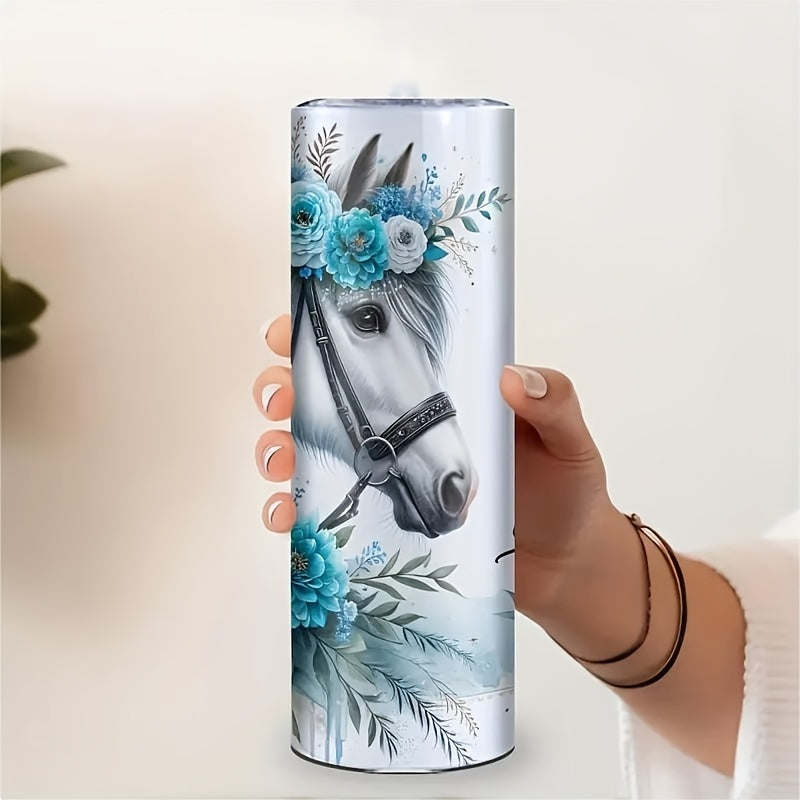 1pc Stainless Steel Insulated Tumbler Cup with White Horse & Roses Design, Reusable Oval Travel Mug, Non-Slip, BPA-Free, Ideal for Outdoor Camping & BBQ, Perfect Gift for Adults, Animal Print, Hand Wash Only, Suitable for Chr