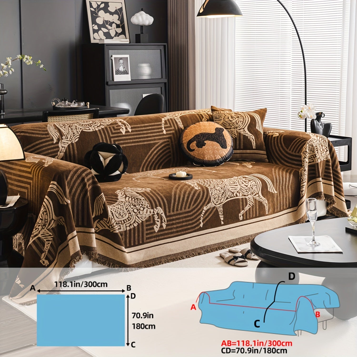 Luxurious Chenille Sofa Cover with Horse Design - Dual-Tone, Pet-Friendly & Machine Washable for Armchairs to L-Shaped Couches - Modern Home Decor Gift