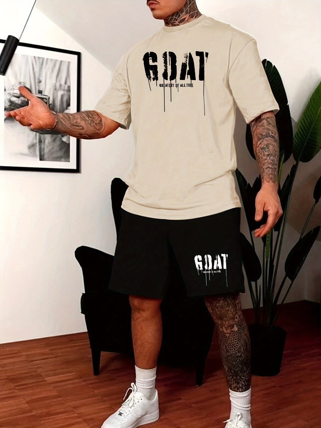 Mens Stylish Goat Print 2pcs Set - Casual Sportswear Outfit with Drawstring Shorts & Short Sleeve Top - Perfect for Spring Summer, Holidays, Leisure, Vacation, and Outdoor Fitness
