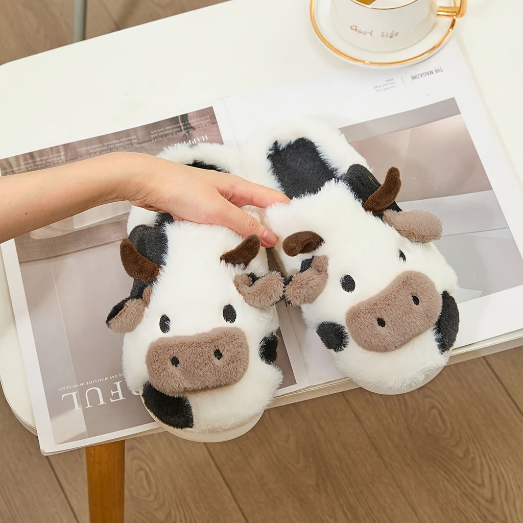 Cozy Home Cute Cartoon Cow Plush Half- Slippers, Couple Matching Style, Thickened and Warm, Women Shoes