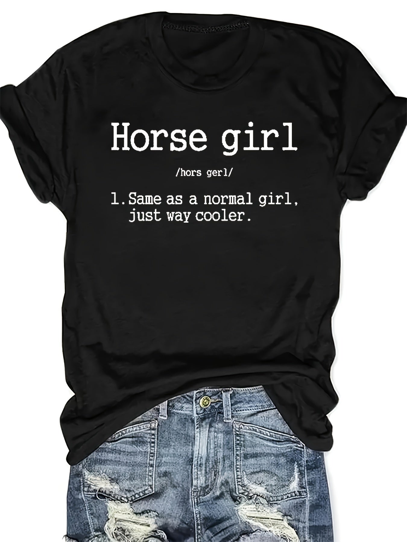 Vibrant Horse Girl Letter Print T-Shirt - Soft Short Sleeve Crew Neck Casual Top for Summer - Comfortable Women's Clothing for Horse Lovers
