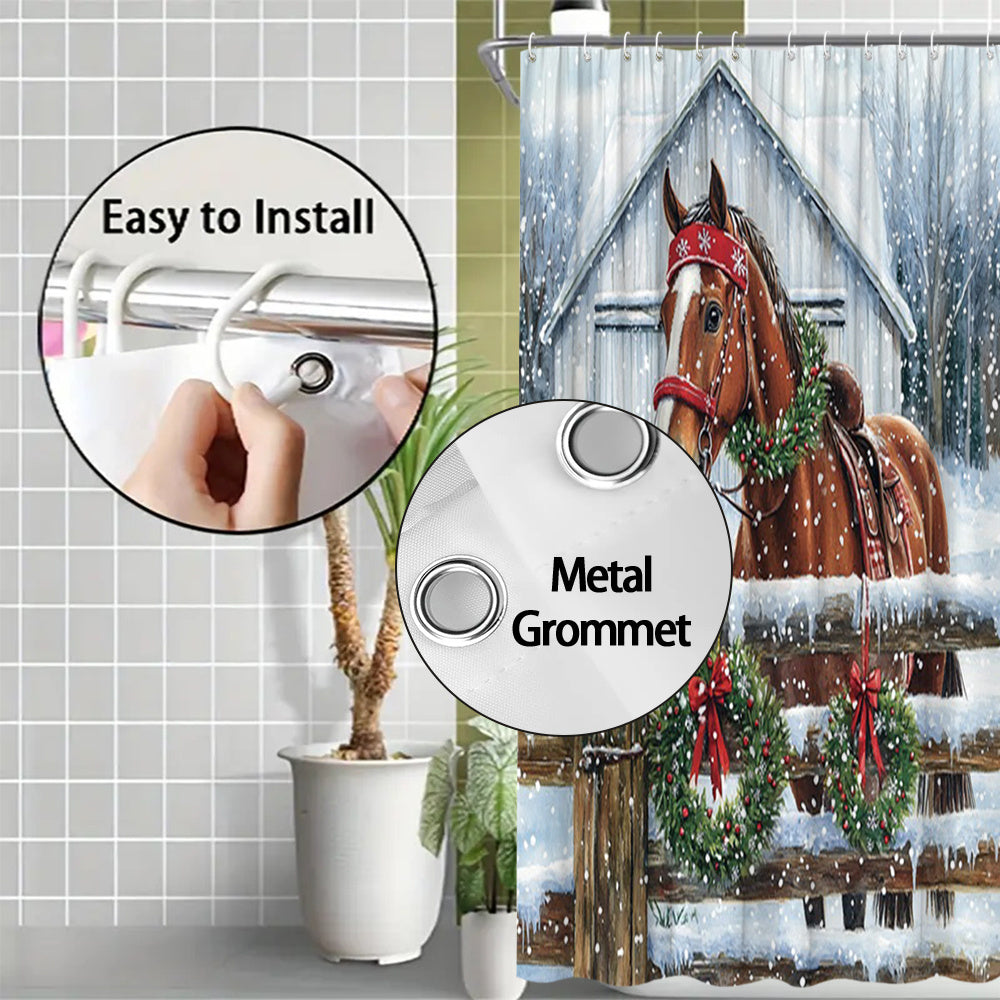 1pc Large Horse-Themed Christmas Shower Curtain - Winter Snowy Barn & Red Truck Design with Wreaths, Snowman, Holly Berries - Washable Bathroom Decor (70.8"x70.8") with 12 Hooks - Farmhouse Holiday Bath Curtain for Horses, 2D