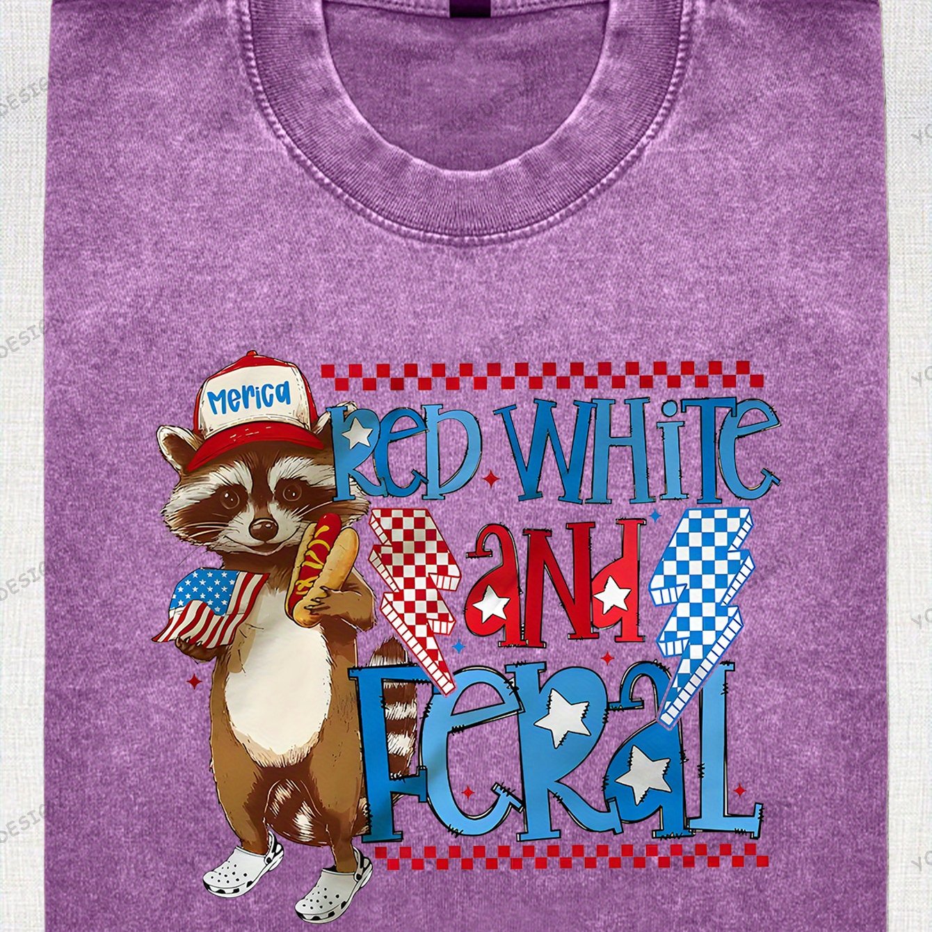 230G Washed Old Cotton T-Shirt, Fashionable 4Th of July, Wild Raccoon, American Flag Design, Independence Day, Dad'S Gift, Relaxed Street Style.