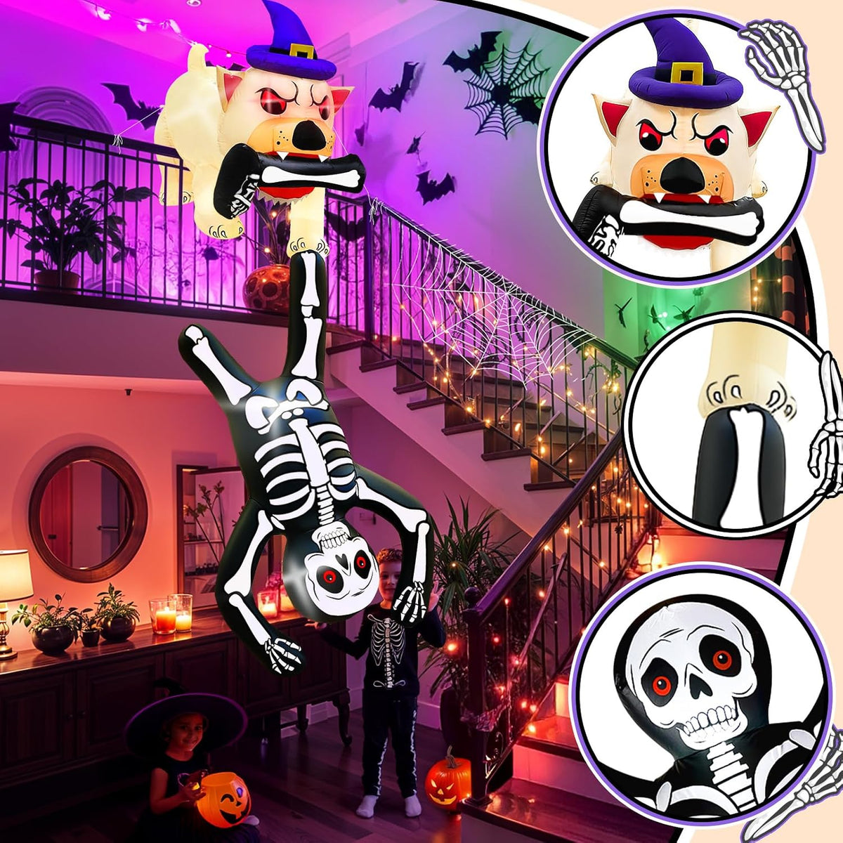 8FT LED Illuminated Halloween Inflatable Dog Pulling Skeleton Decor